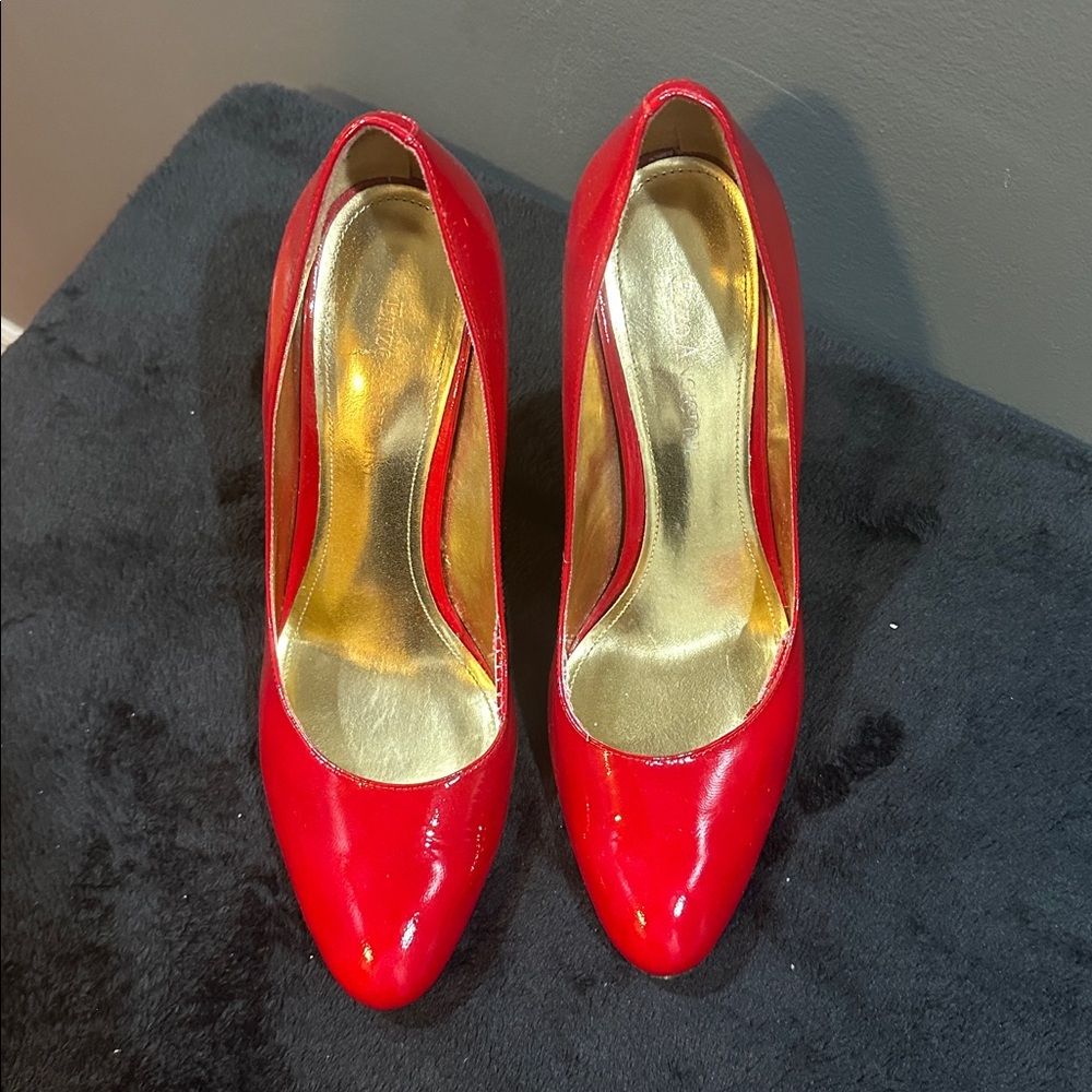 Red Patent Leather Heels with Gold Interior